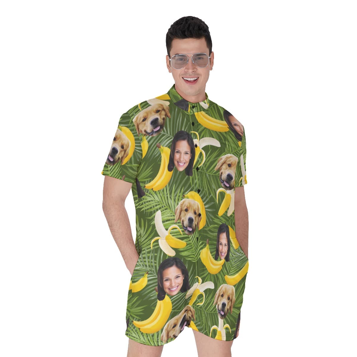 Men’s Banana Custom Dog And Owner Face Hawaiian Romper (1)