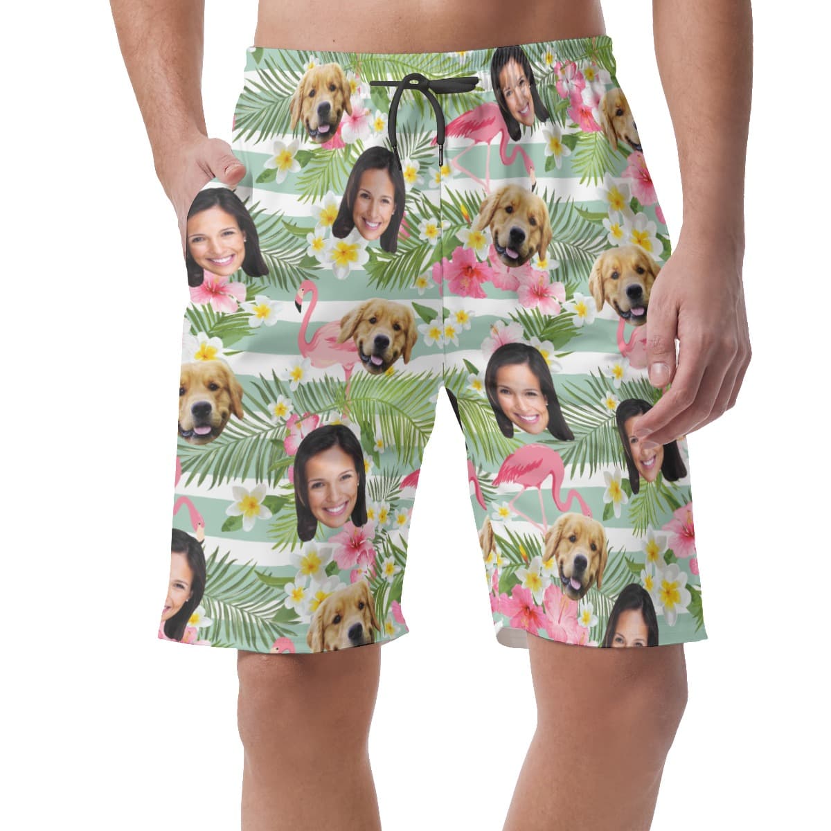 Men’s Custom Dog And Owner Face Flamingo Hawaiian Shorts (1)