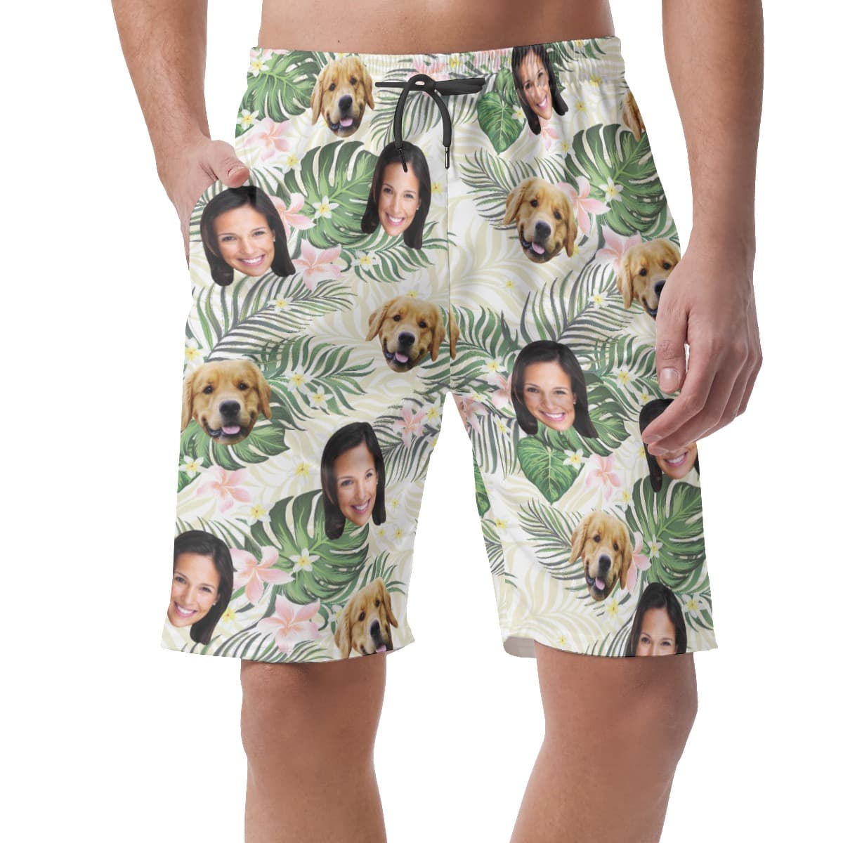 Men’s Custom Dog And Owner Face Floral Hawaiian Shorts (1)