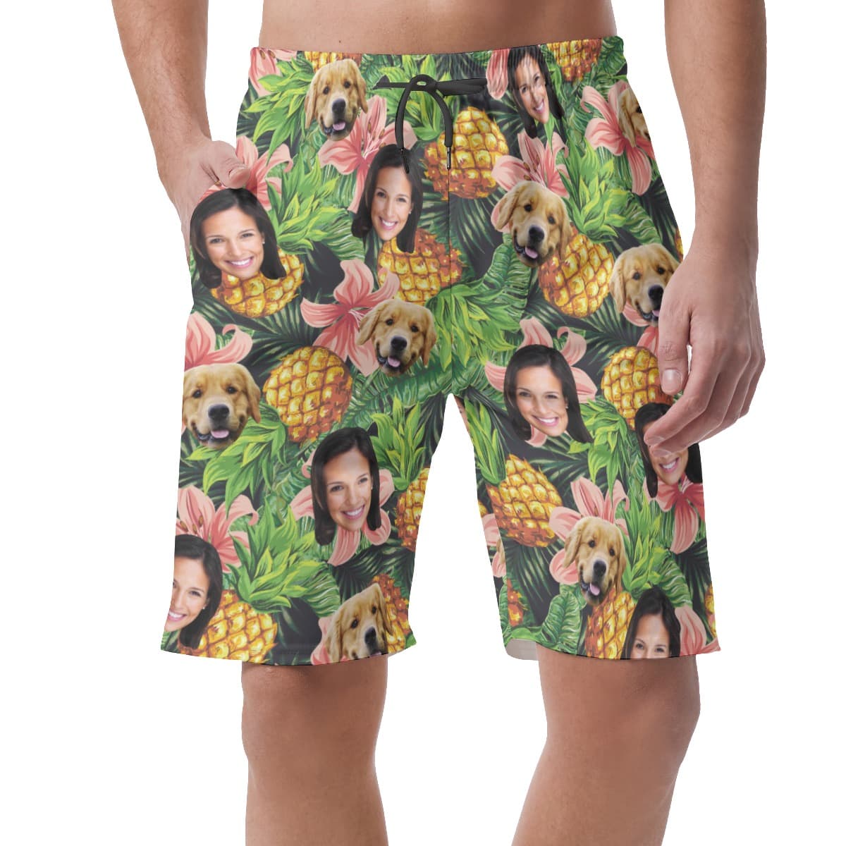 Men’s Custom Dog And Owner Face Pineapple Hawaiian Shorts (1)
