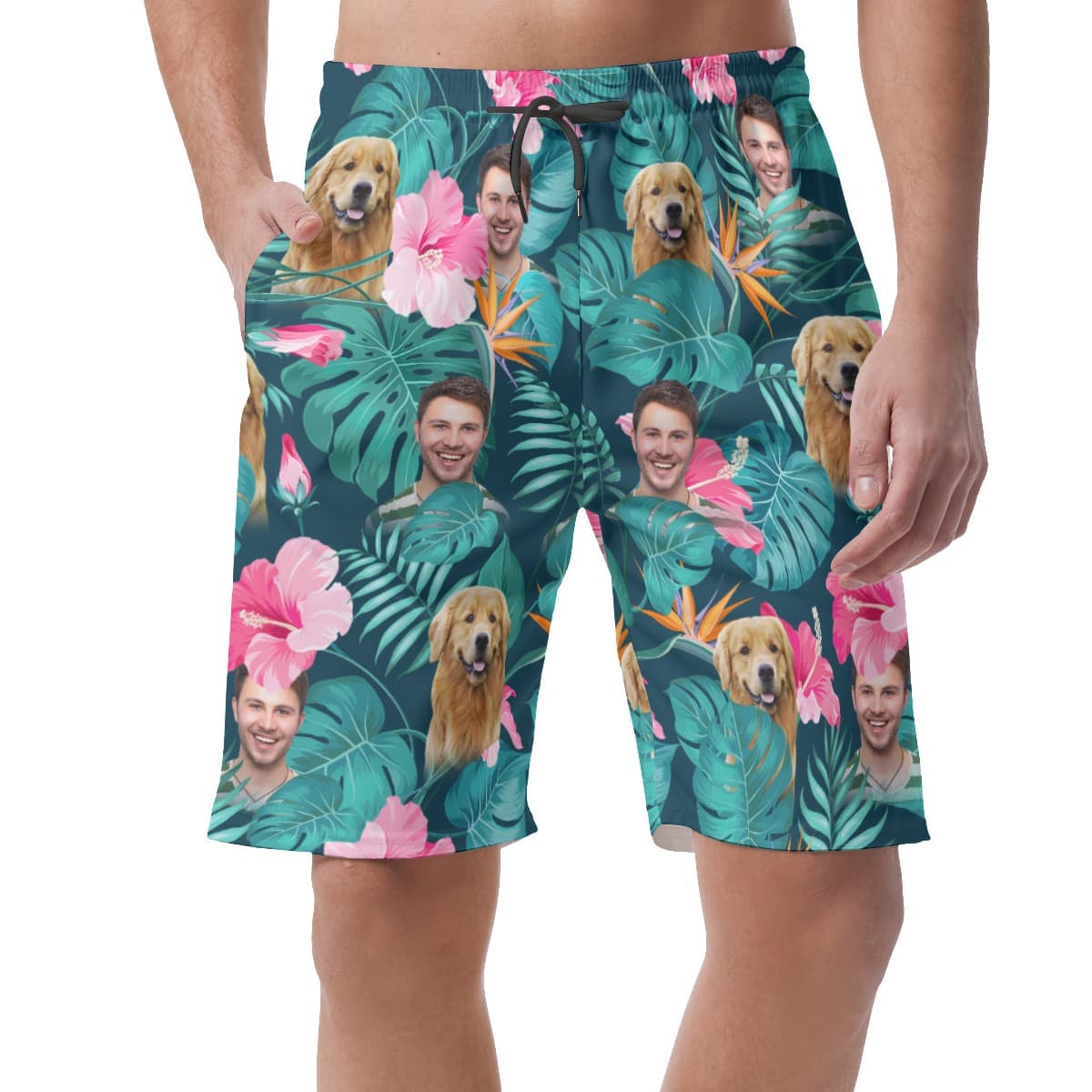 Men’s Custom Face And Dog Floral Hawaiian Casual Shorts (1)