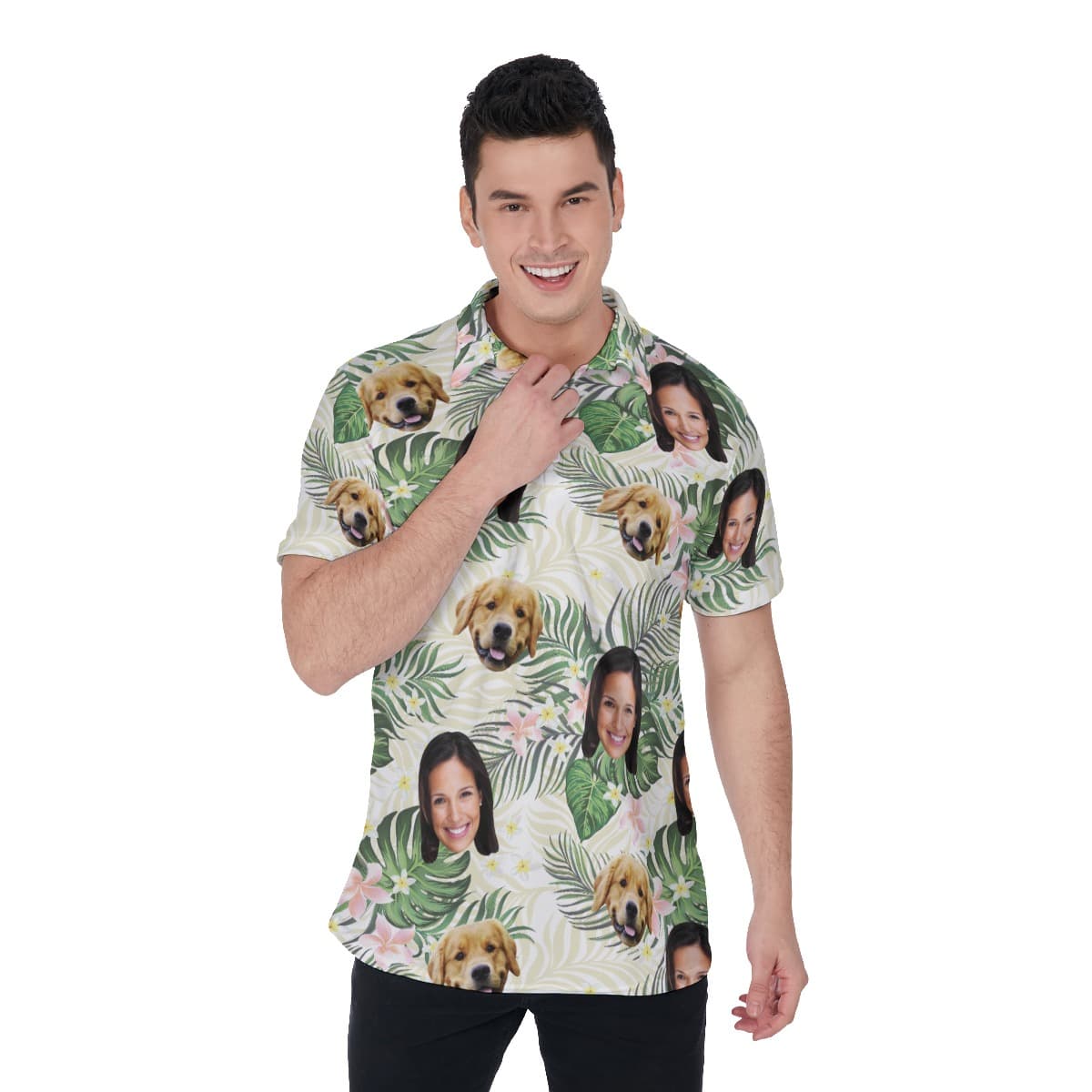 Men’s Custom Face And Dog Floral Polo Hawaiian Shirt (1)