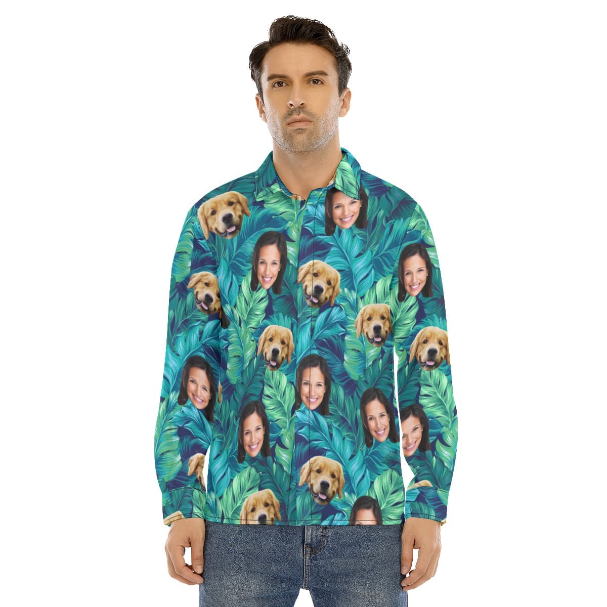 Men’s Custom Face And Dog Long Sleeve Hawaiian Shirt (1)