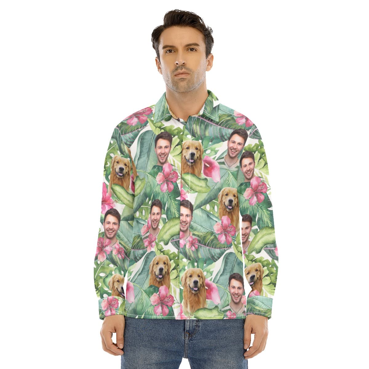 Men’s Custom Face Floral Man Long Sleeve Hawaiian Shirt (1)