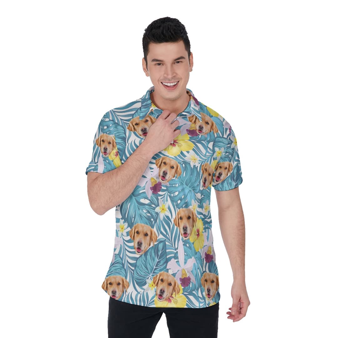 Mock up of a Men's Tropical Polo Shirt featuring dog's face custom on them
