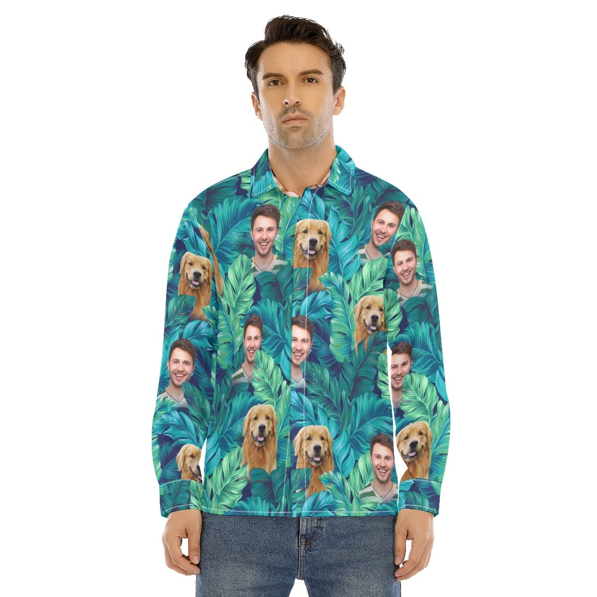 Men’s Custom Face Tropical Man Long Sleeve Hawaiian Shirt (1)