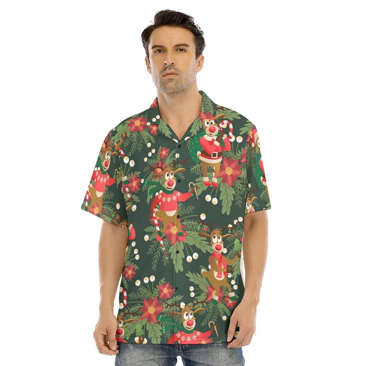 Men’s Cute Reindeer Poinsettia Hawaiian Shirt (1)