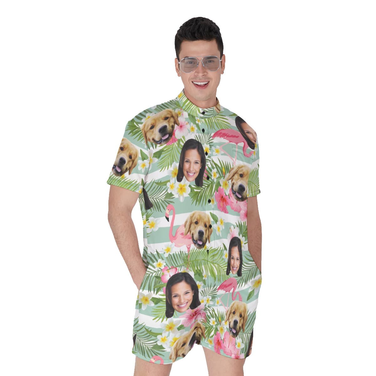 Men’s Flamingo Custom Dog And Owner Face Hawaiian Romper (1)