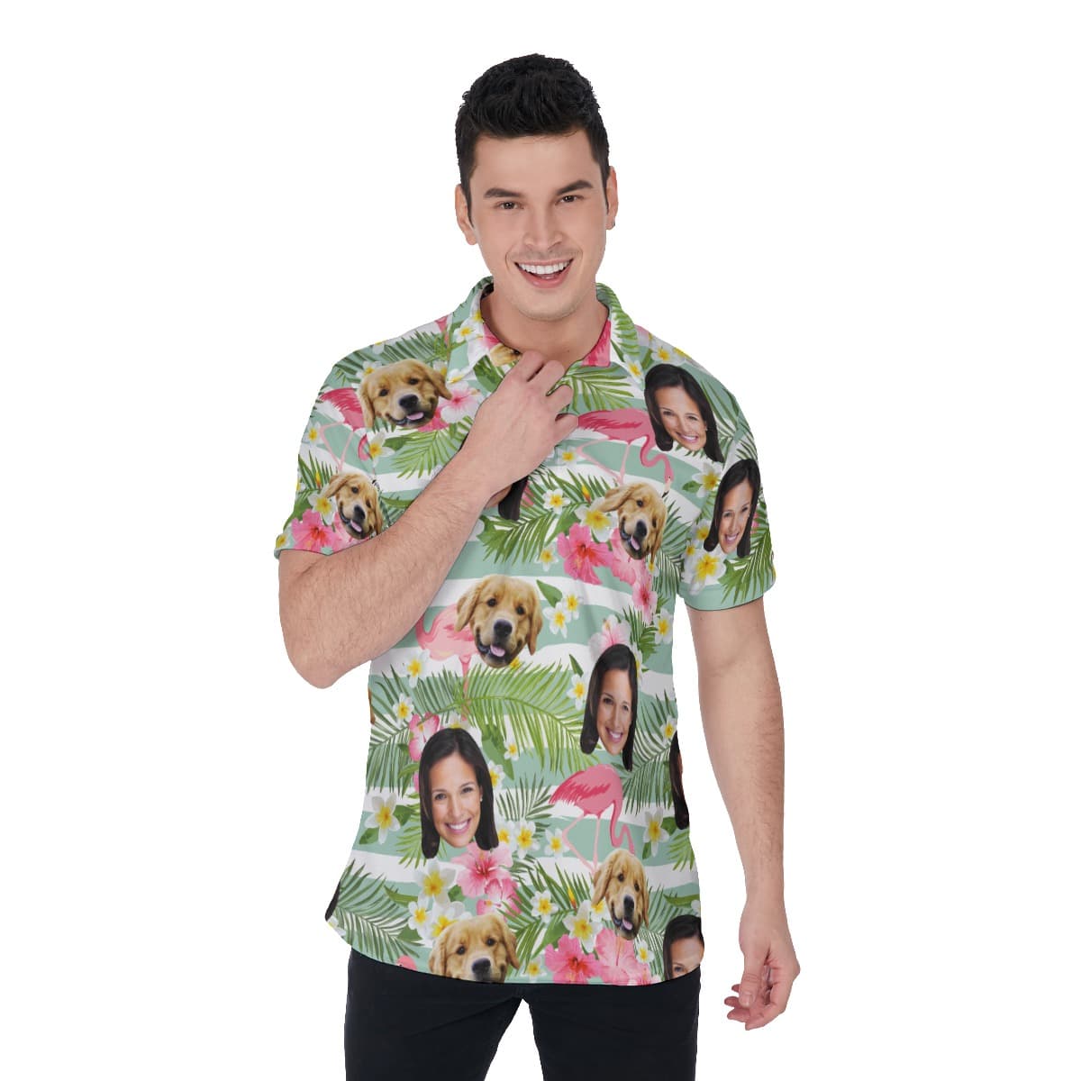 Men’s Flamingo Custom Face And Dog Polo Hawaiian Shirt (1)
