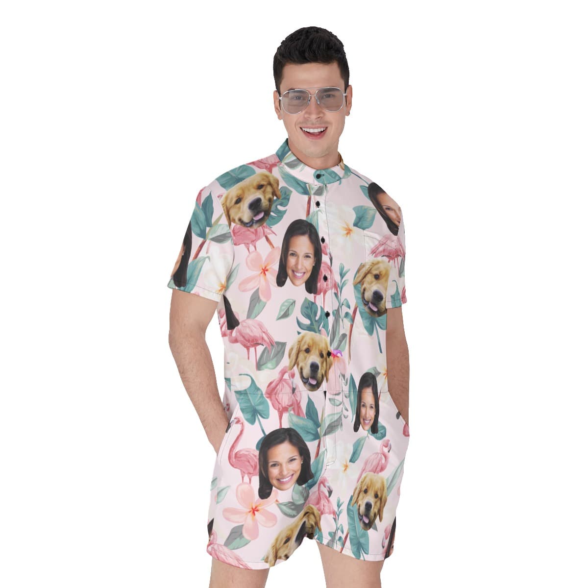 Men’s Floral Custom Dog And Owner Face Hawaiian Romper (1)