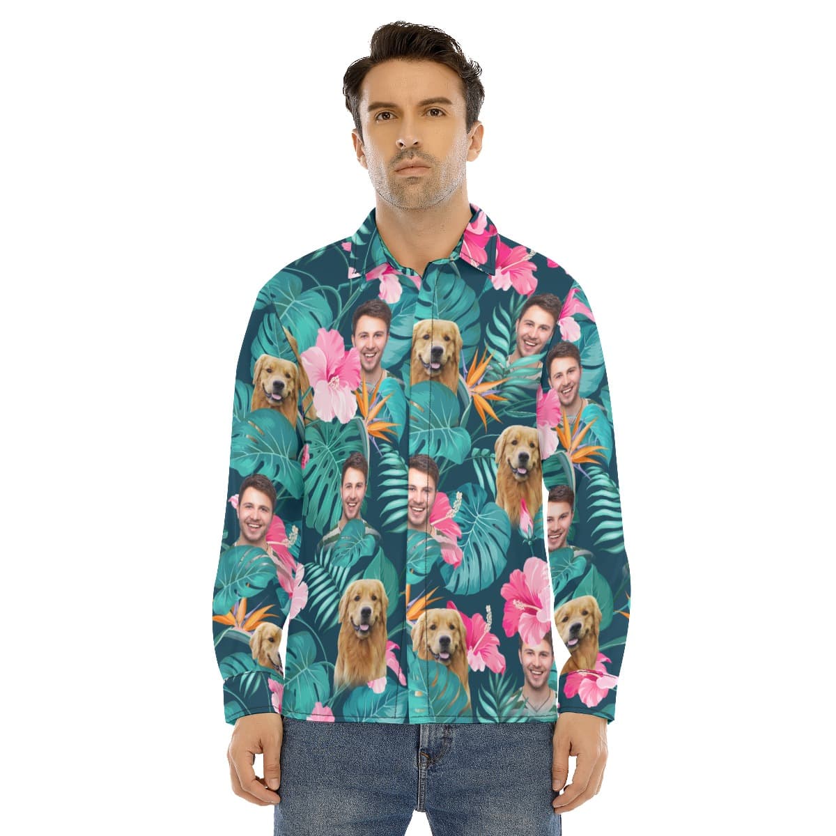 Men’s Floral Custom Face Long Sleeve Hawaiian Shirt (1)