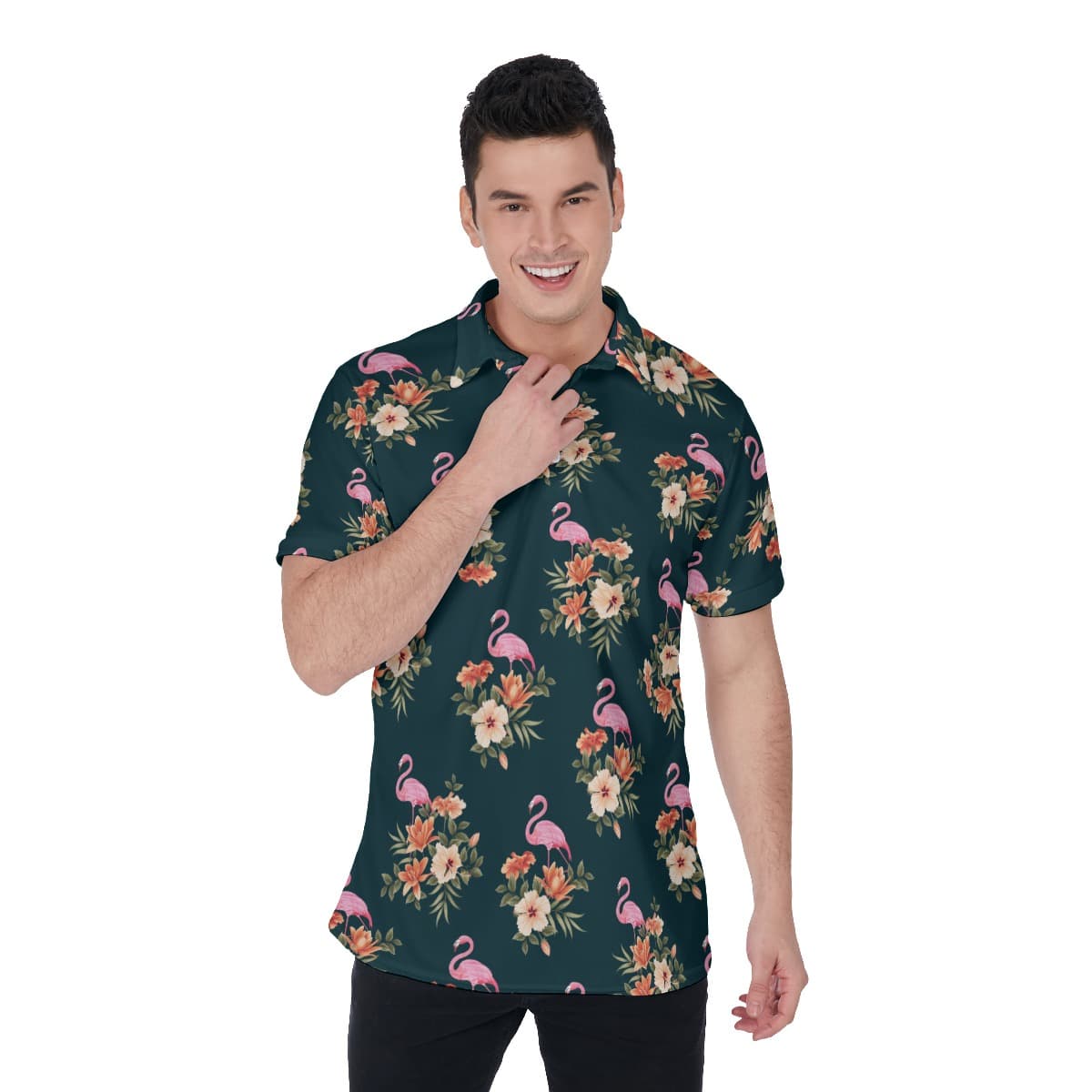 Men’s Floral Flamingo Hawaiian Polo Shirt (1)