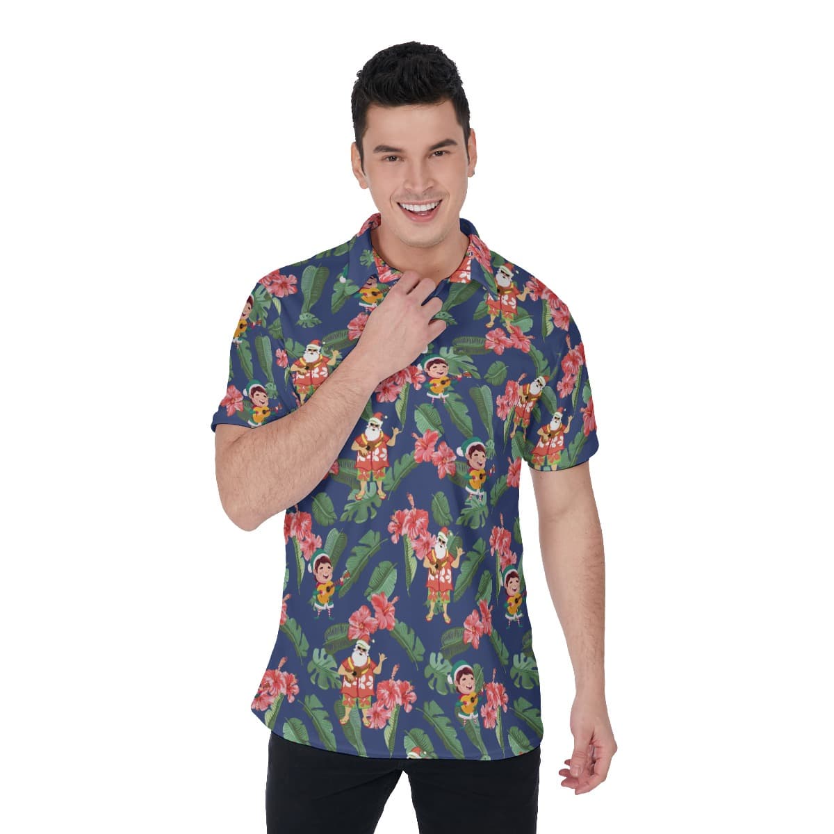 Men’s Floral Musical Santa Polo Hawaiian Shirt (1)