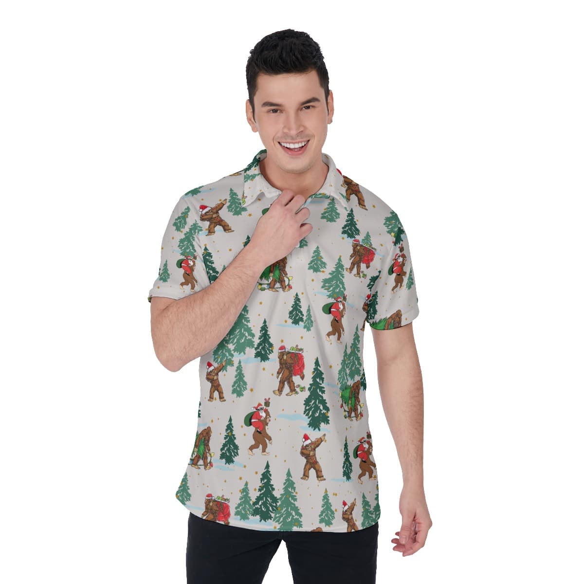 Men’s Funny Bigfoot And Santa Christmas Polo Hawaiian Shirt (1)