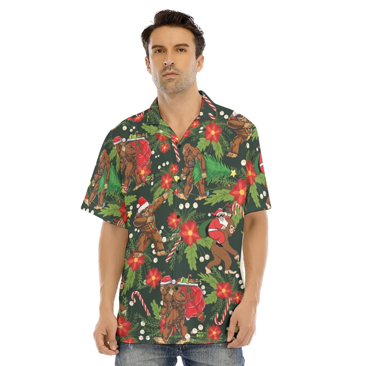 Men’s Funny Bigfoot With Santa Hawaiian Shirt (1)