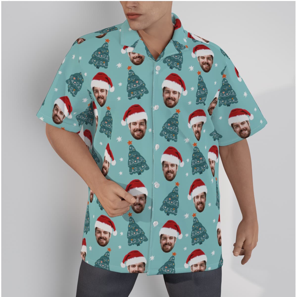 Men’s Funny Custom Face Christmas Tree Hawaiian Shirt (1)