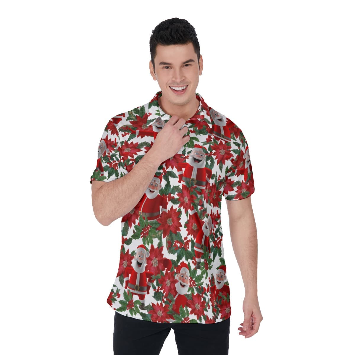 Men’s Happy Santa Christmas White Polo Hawaiian Shirt (1)