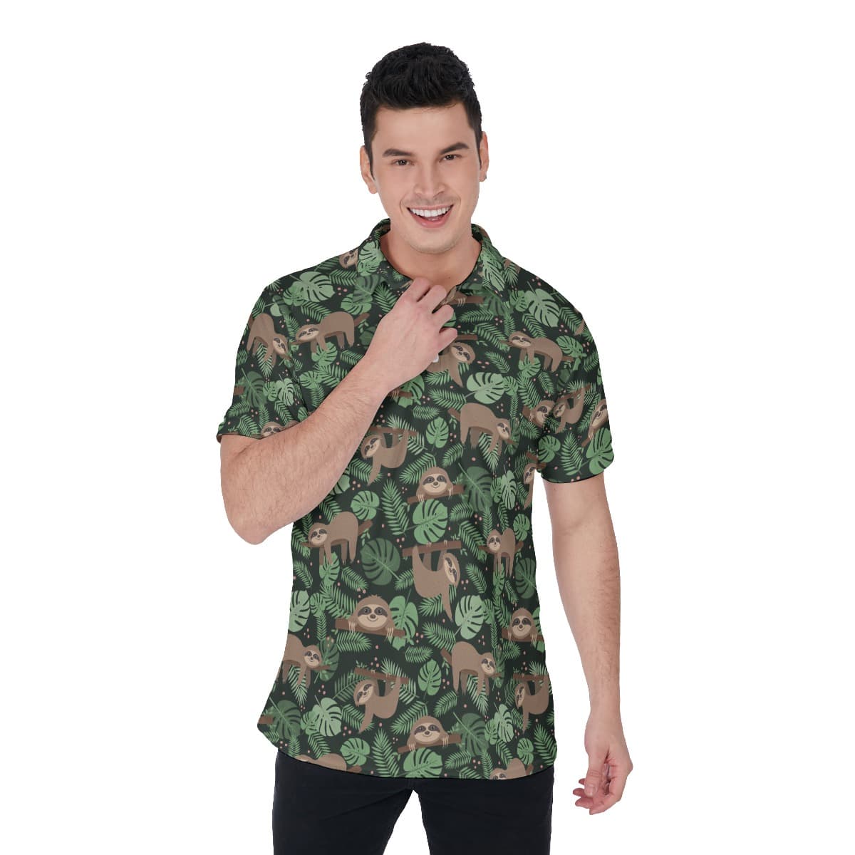Men’s Lazy Sloth Green Hawaiian Polo Shirt (1)