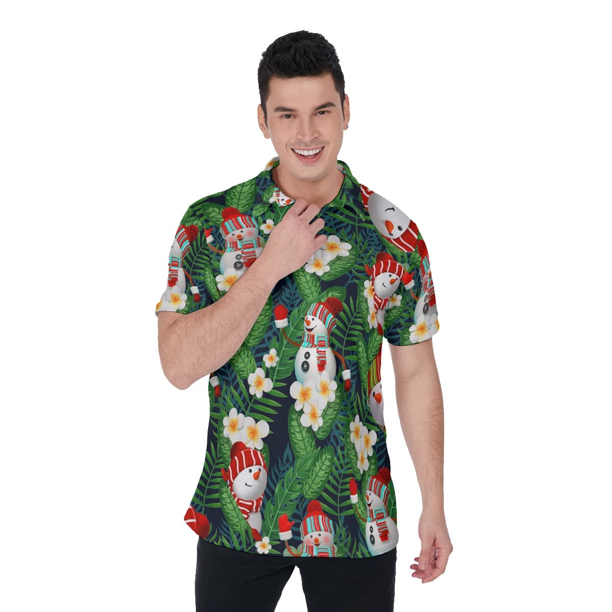 Men’s Lovely Snowman Green Christmas Polo Hawaiian Shirt (1)