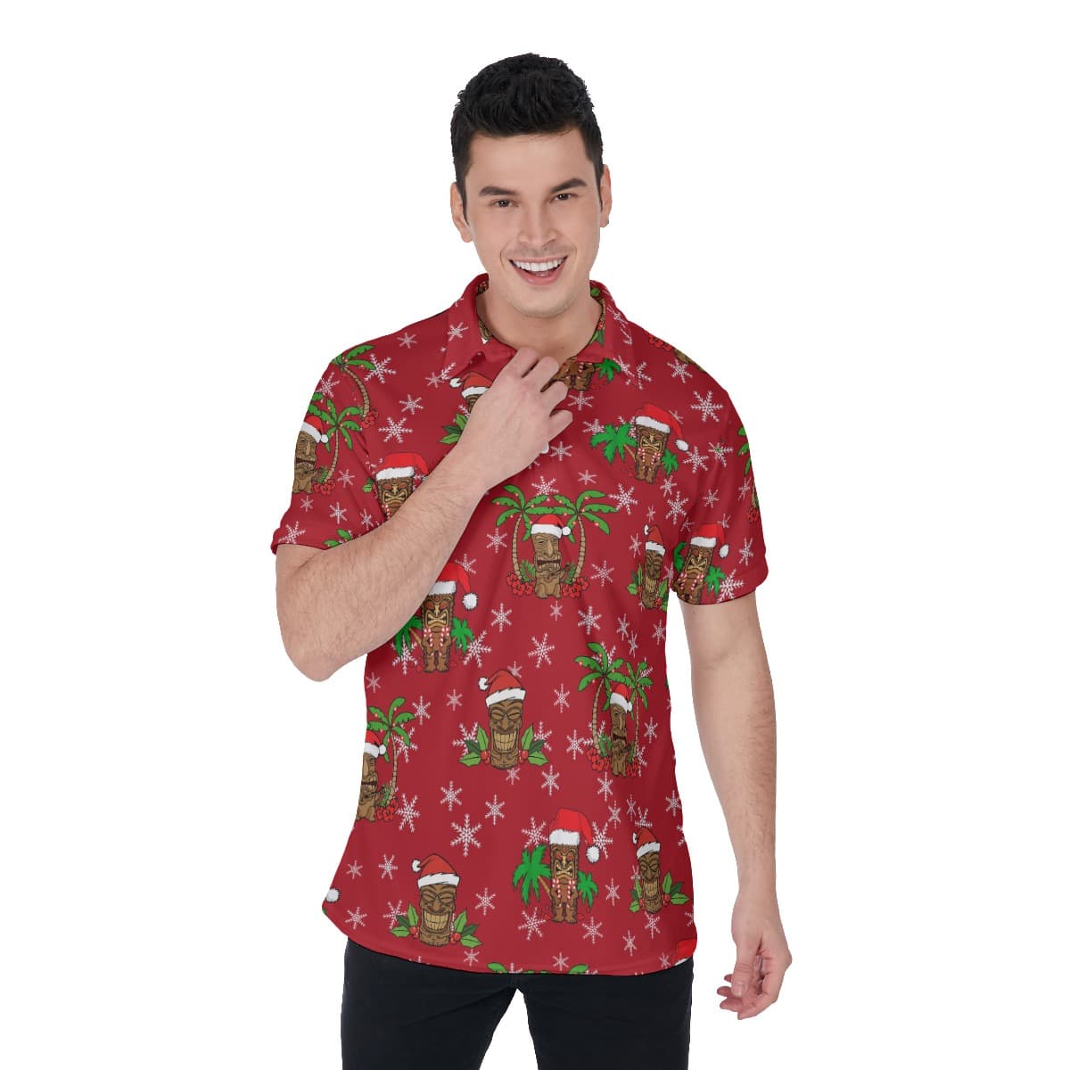 Men’s Mele Kalikimaka Tiki Red Polo Hawaiian Shirt (1)
