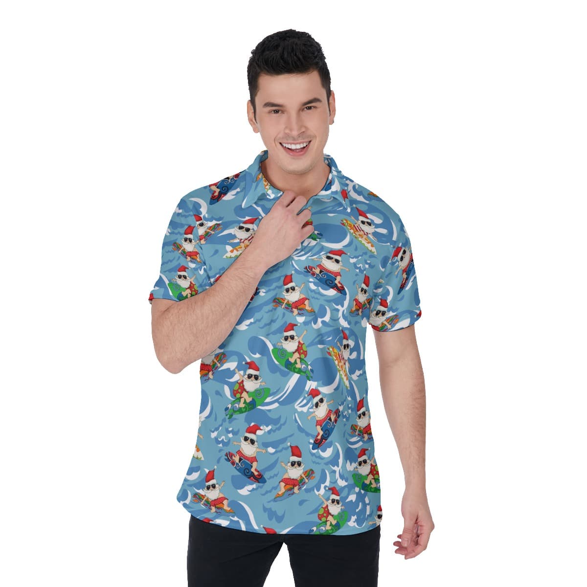 Men’s Summer Surfing Santa Blue Polo Hawaiian Shirt (1)