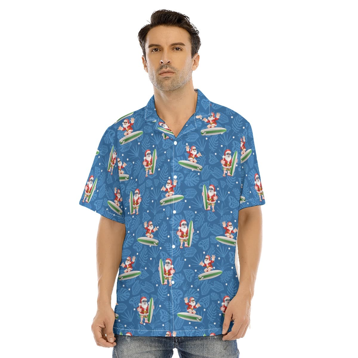 Men’s Surfing Santa Blue Hawaiian Shirt (1)