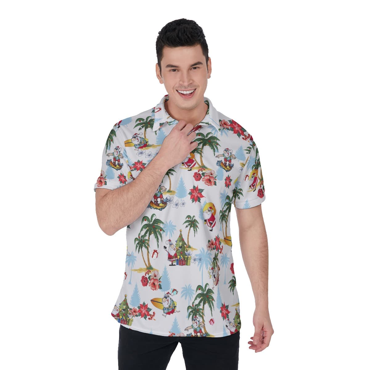 Men’s Tropical Christmas Santa Claus Polo Hawaiian Shirt (1)