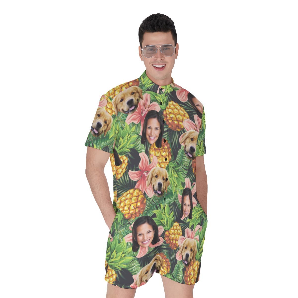 Men’s Tropical Custom Dog And Owner Face Hawaiian Romper (1)