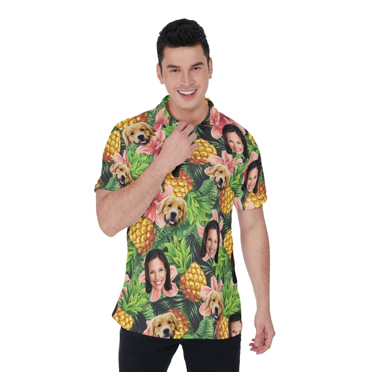 Men’s Tropical Custom Face And Dog Polo Hawaiian Shirt (1)