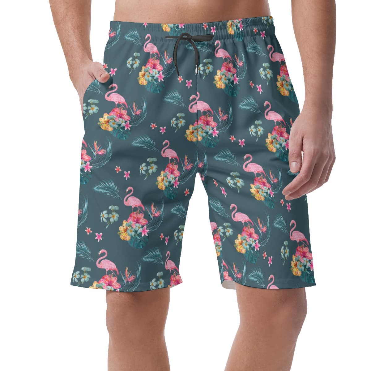 Men’s Tropical Flamingo Blue Hawaiian Beach Shorts (1)