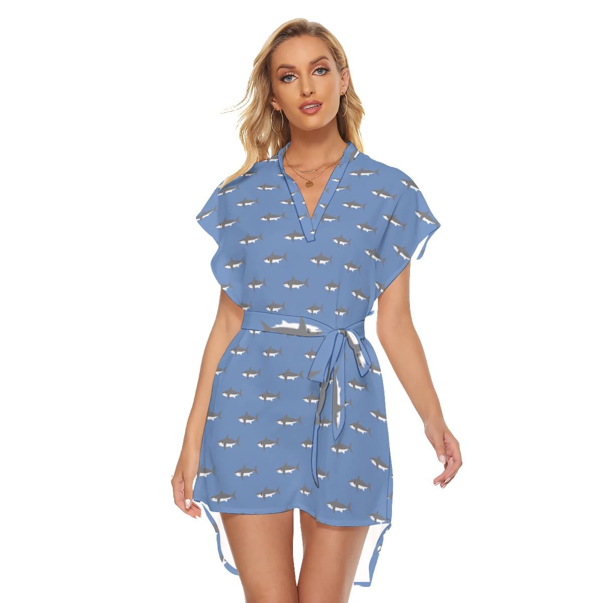 Mommy Shark Blue Hawaiian Dress With Tie (1)