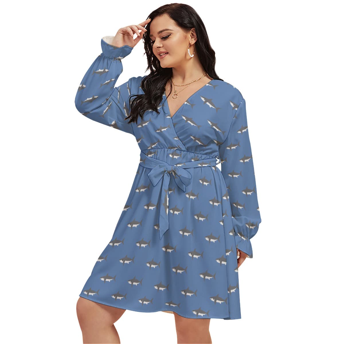 Mommy Shark Blue Hawaiian Plus Size V-Neck Dress (2)