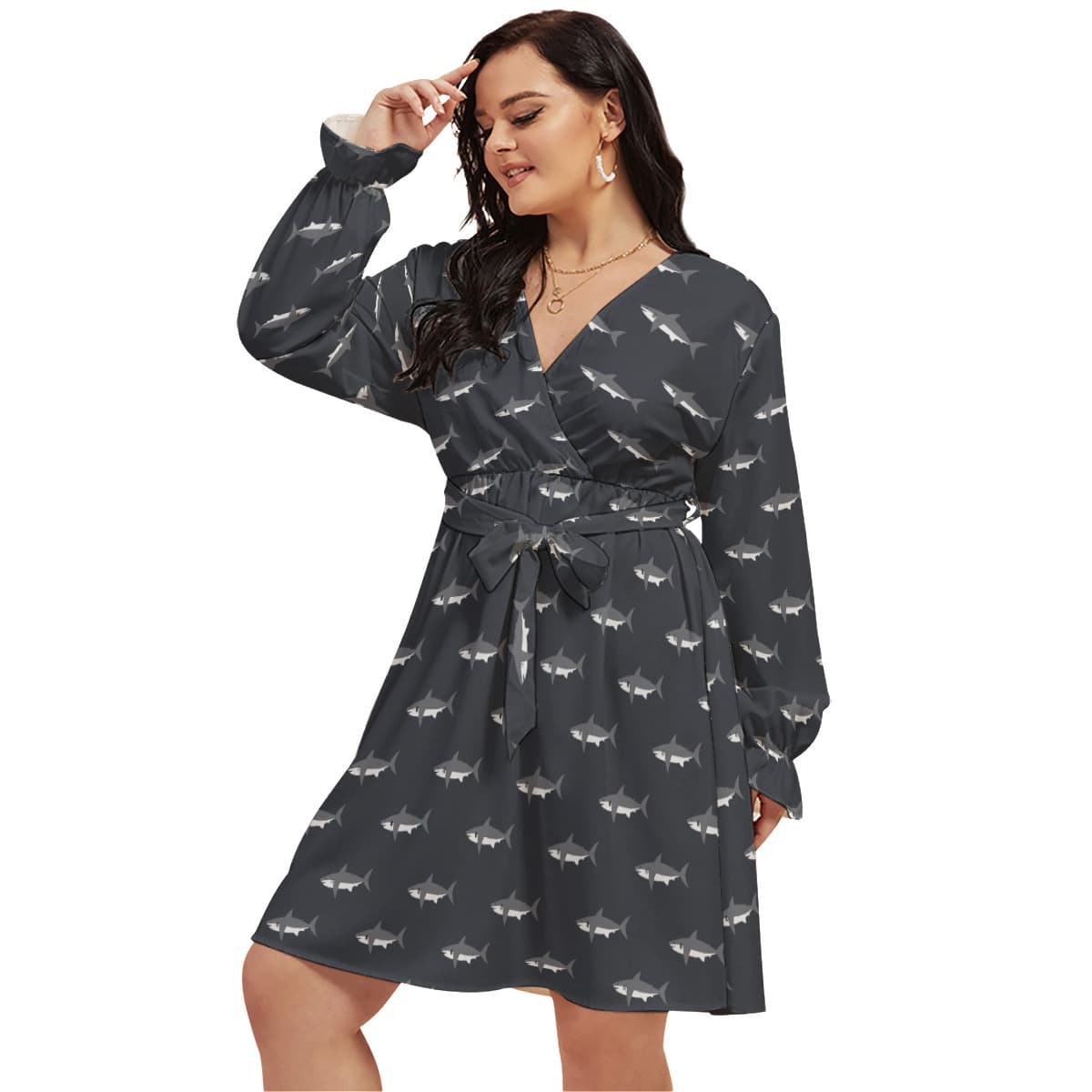 Mommy Shark Hawaiian Plus Size V-Neck Dress (1)