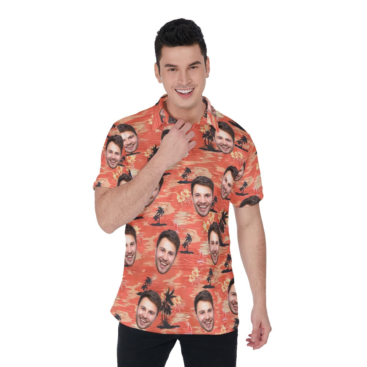 Orange Beach Hawaiian Polo Shirt With Custom Face (1)