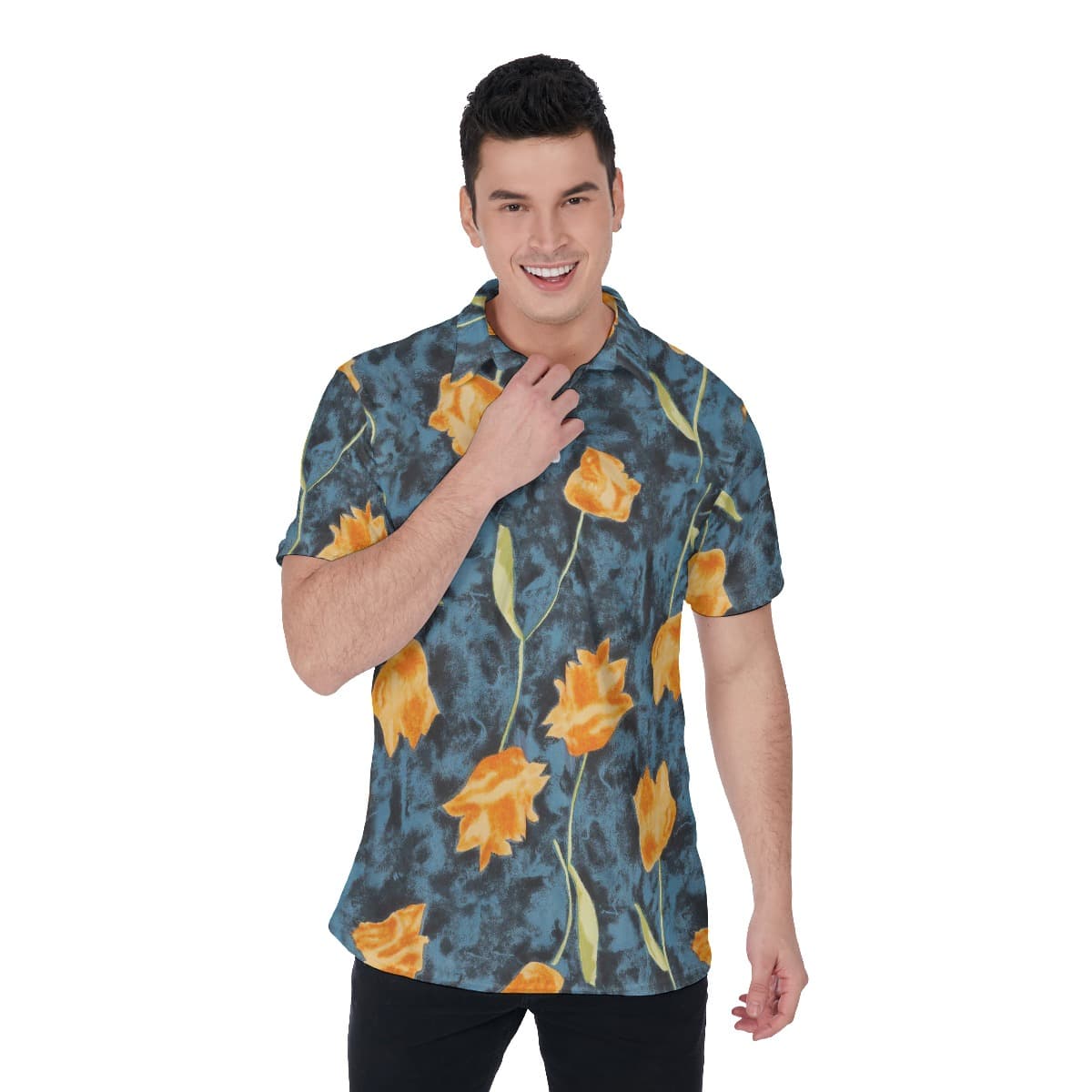 Orange Flowers Summer Hawaiian Polo Shirt For Men (1)