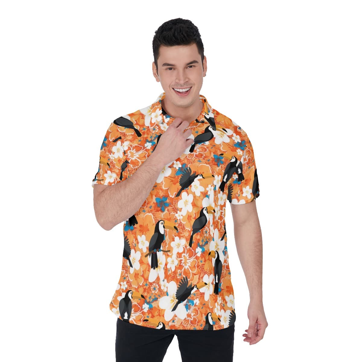 Orange Toucan Floral Hawaiain Golf Shirt For Men