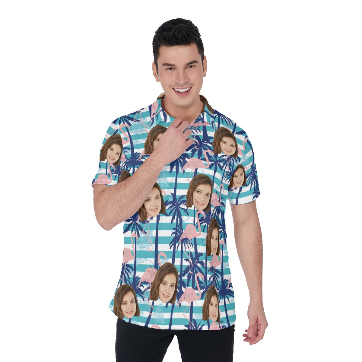 Palm Tree Flamingo Polo Shirt With Custom Face (1)