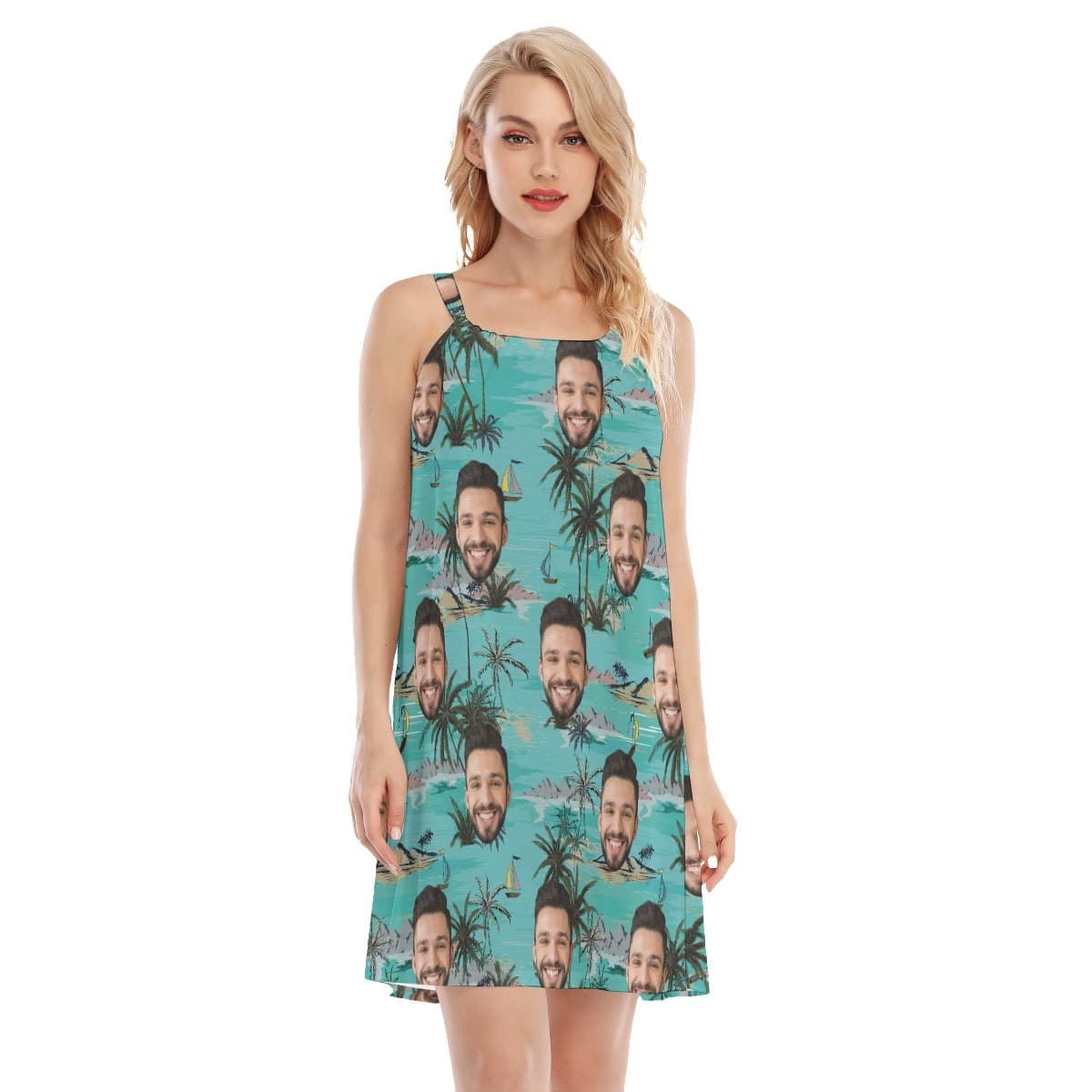 Palm Tree Island Hawaiian Cami Dress With Multi Face (1)