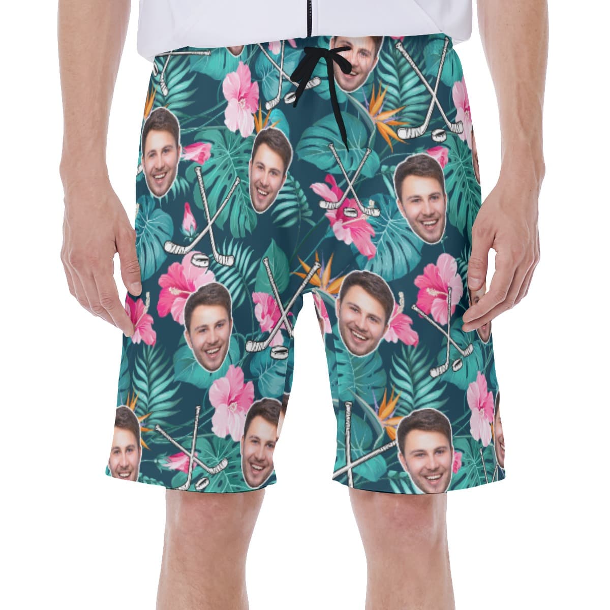 Personalized Hockey Floral Hawaiian Swim Trunks With Face