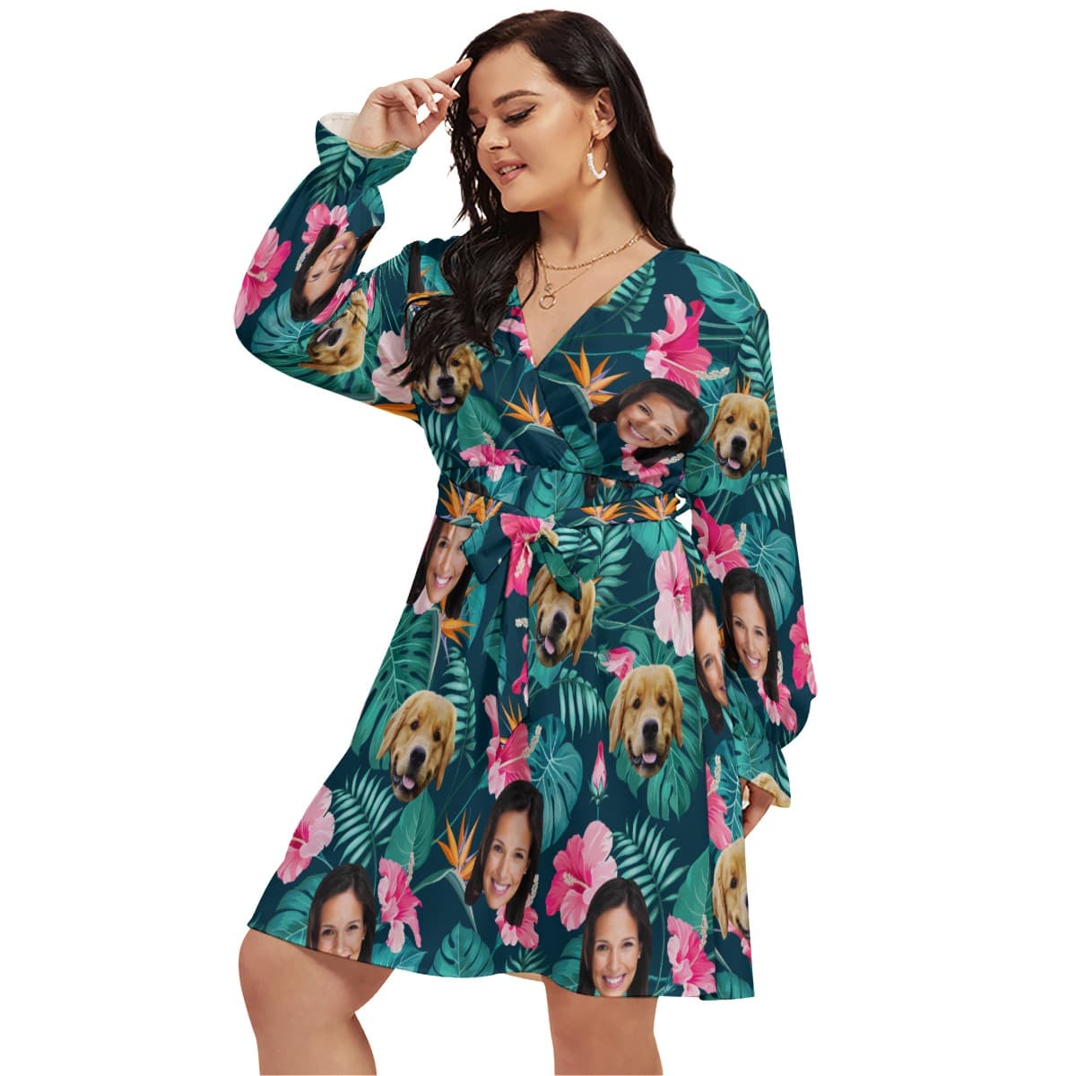 Personalized With Dog Floral Hawaiian V-neck Oversized Dress (1)