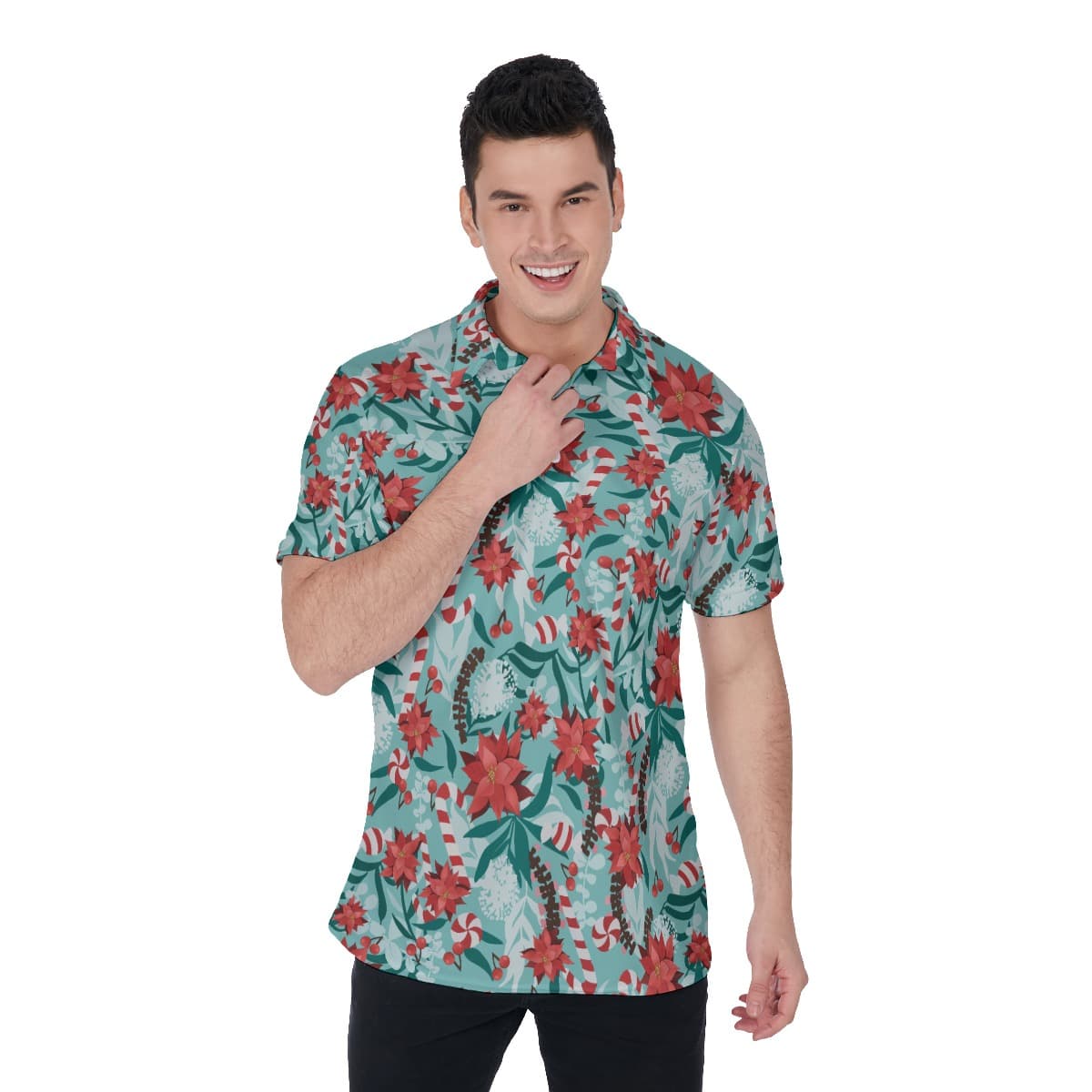 Poinsettia Candy Hawaiian Polo Shirt For Men
