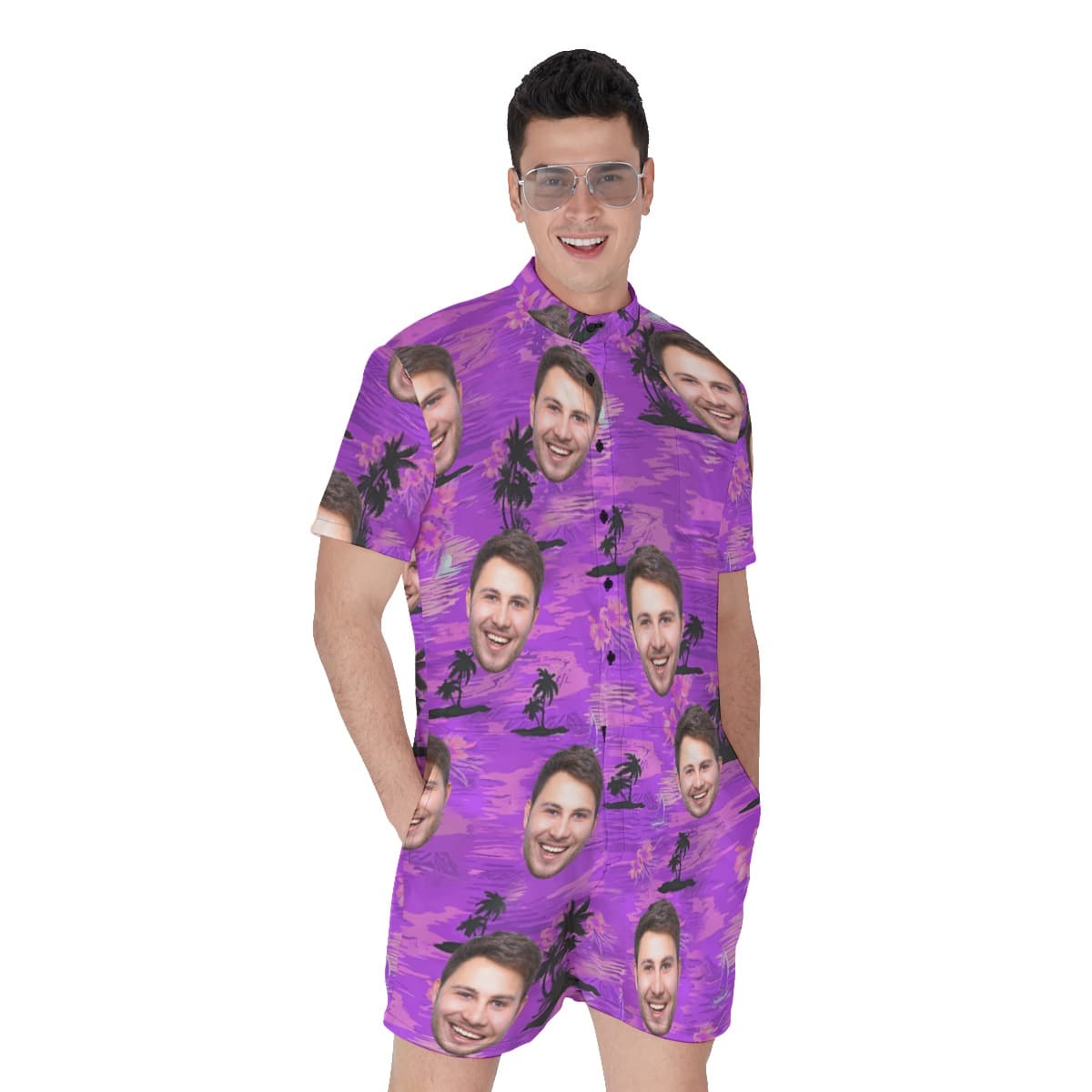 Purple Beach Men's Hawaiian Romper With Custom Face (1)