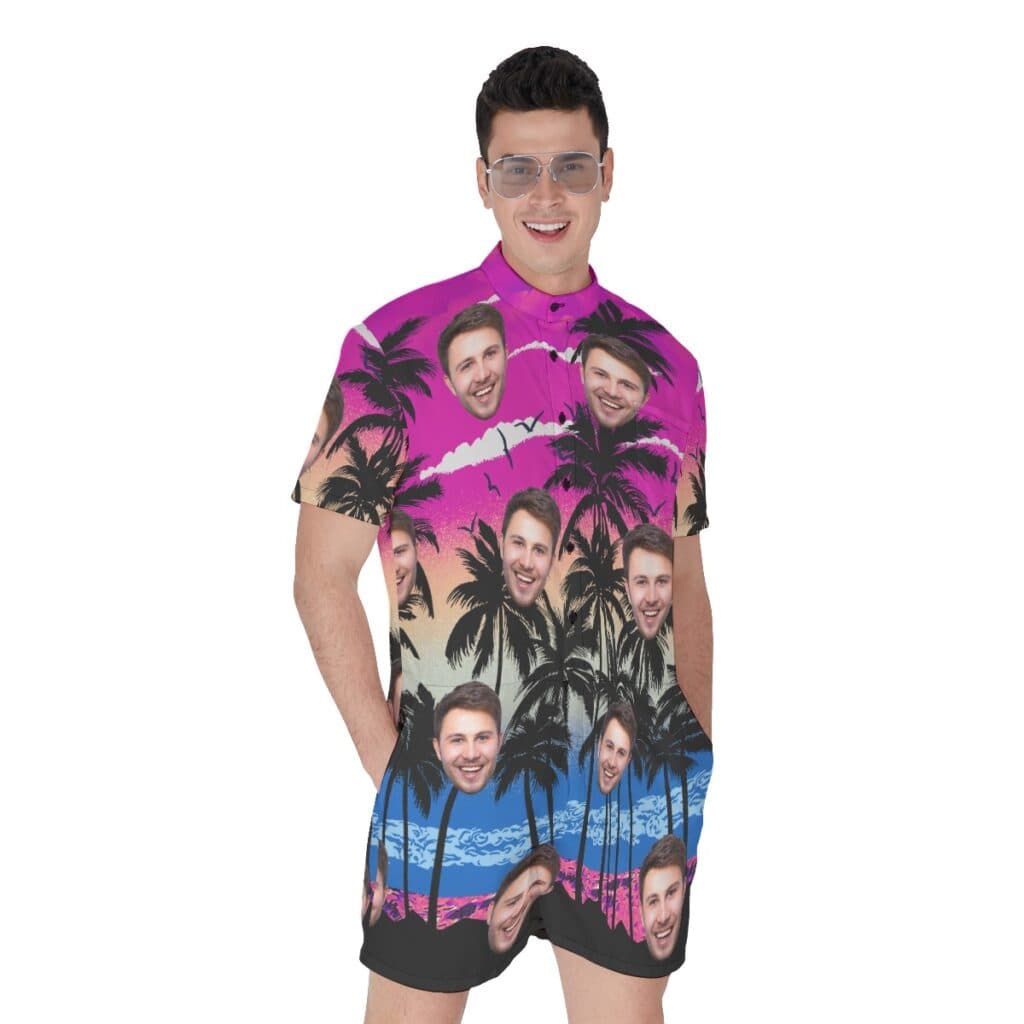 Purple Palm Tree Men's Hawaiian Romper With Custom Face (1)