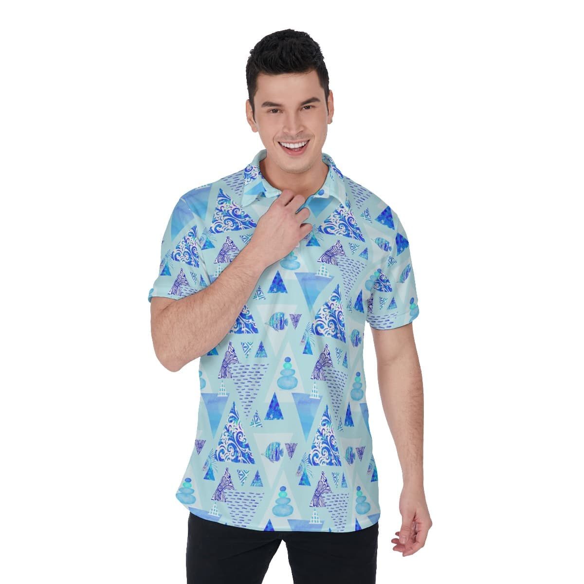 Retro Ocean Blue Polo Collar Shirt (1)
