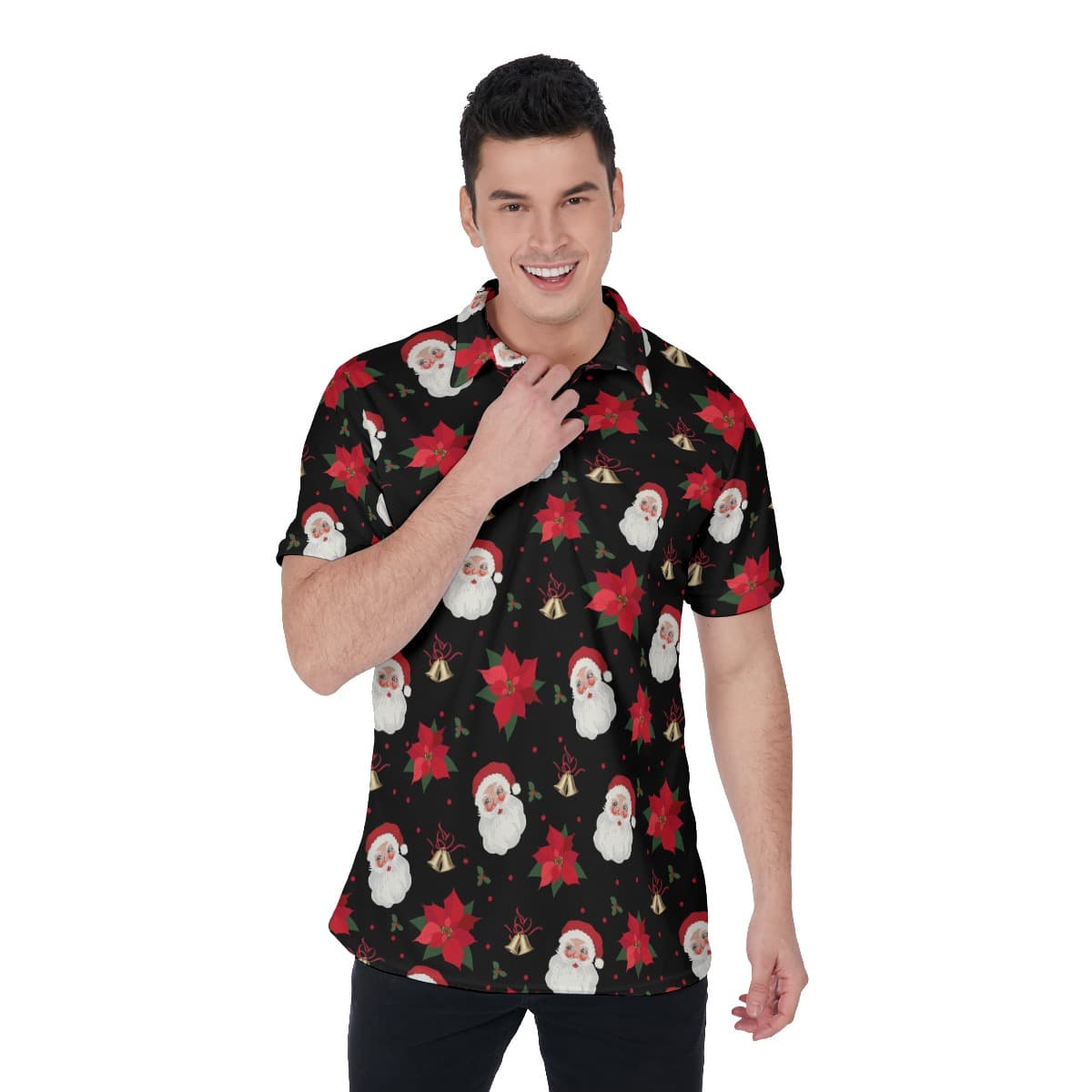 Santa Claus Poinsettia Flowers Hawaiian Polo Shirt