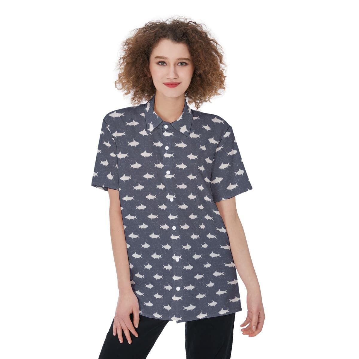Shark Button Up Hawaiian Shirt For Women (1)