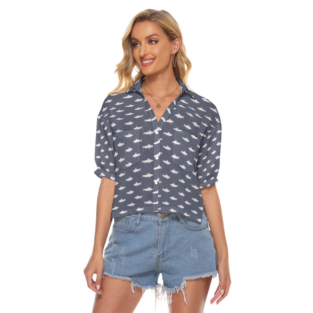 Shark Hawaiian Cropped Shirt For Women (1)
