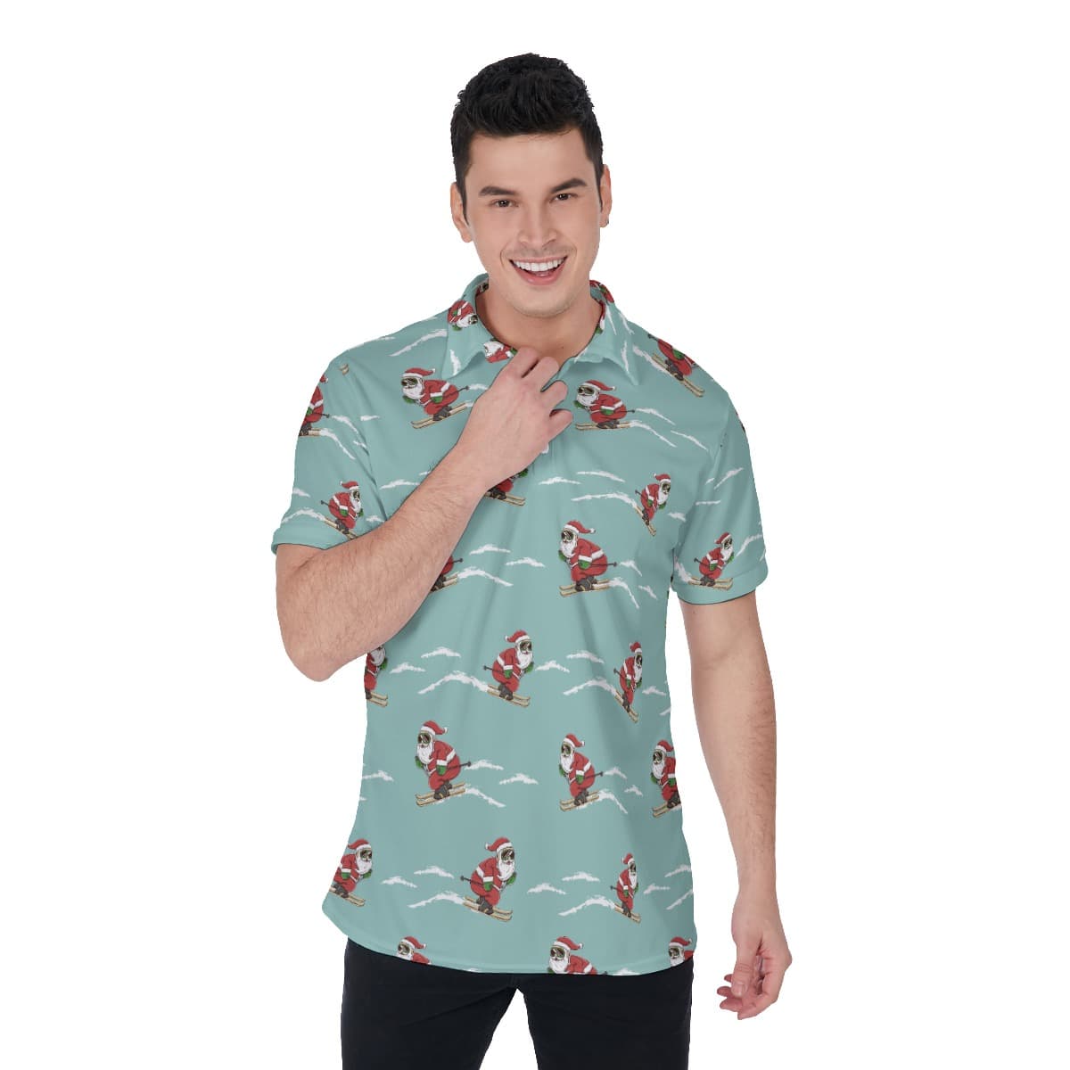 Skiing Santa Claus Christmas Hawaiian Polo Shirt For Men (1)