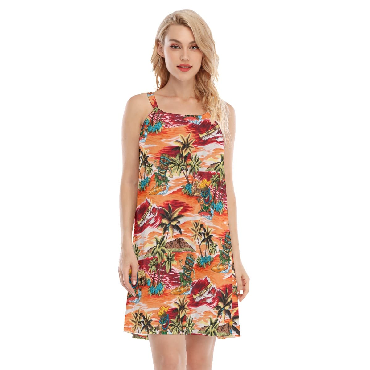 Surfing Tiki Tropical Orange Aloha Cami Dress (4)