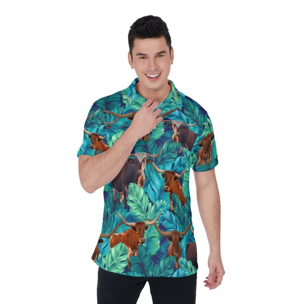 Texas Longhorn Tropical Hawaiian Polo Shirt For Men